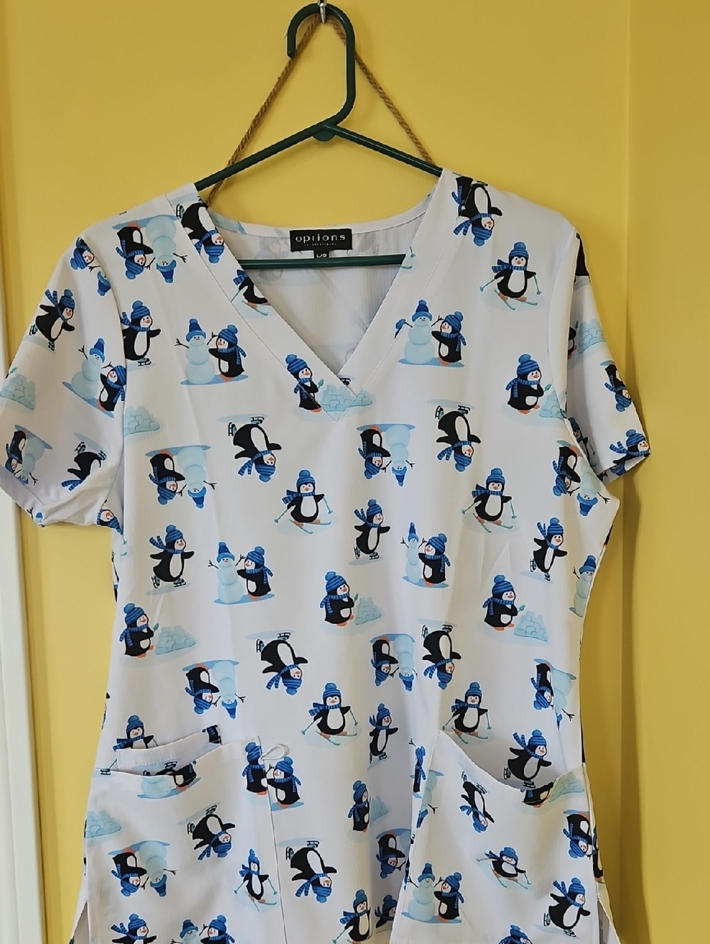 Options White V-Neck Scrub Top with Blue Penguin Print